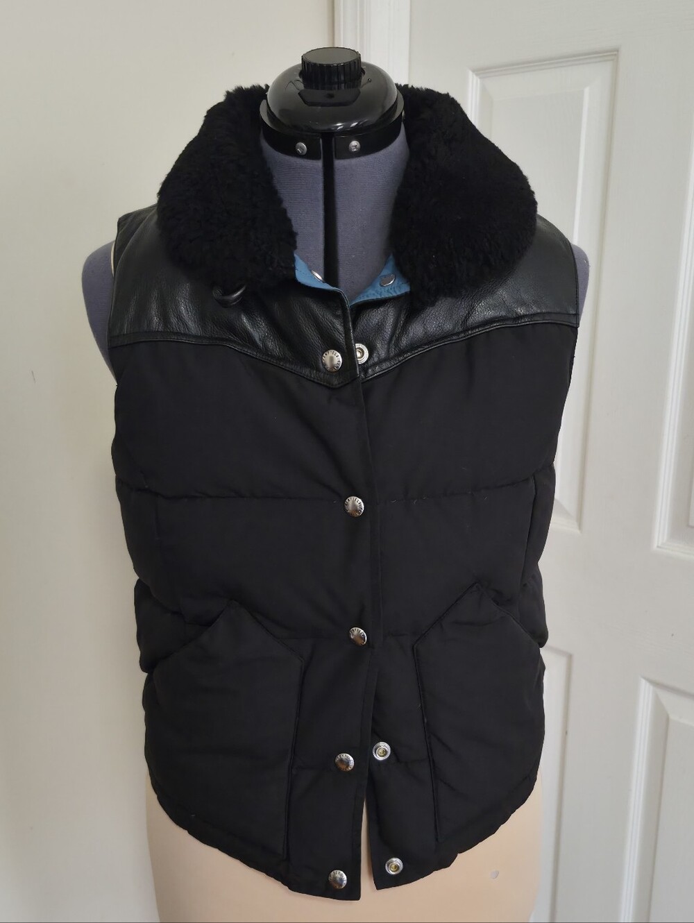Penfield Down Puffer Vest Black Shearling Collar Leather Trim Utility Mens Small